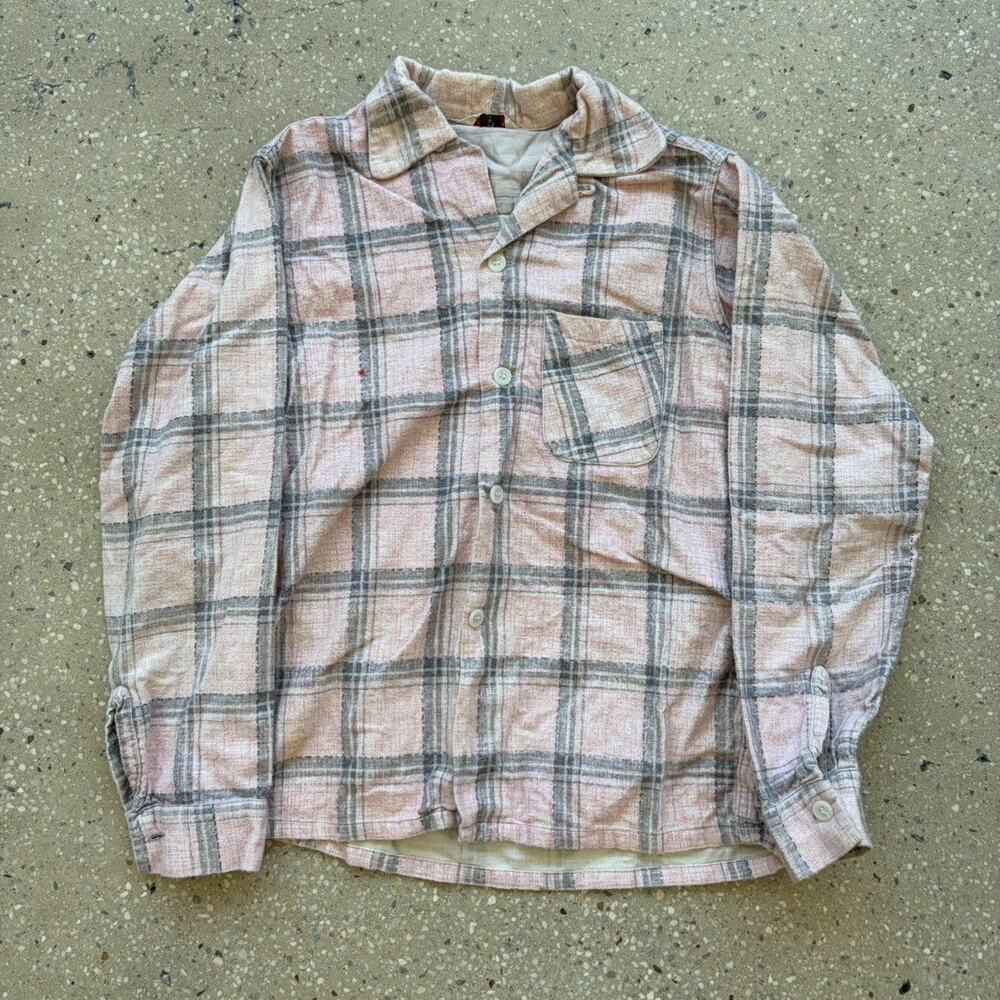 Vintage 60s Winter King Pink Plaid Loop Collar Flannel